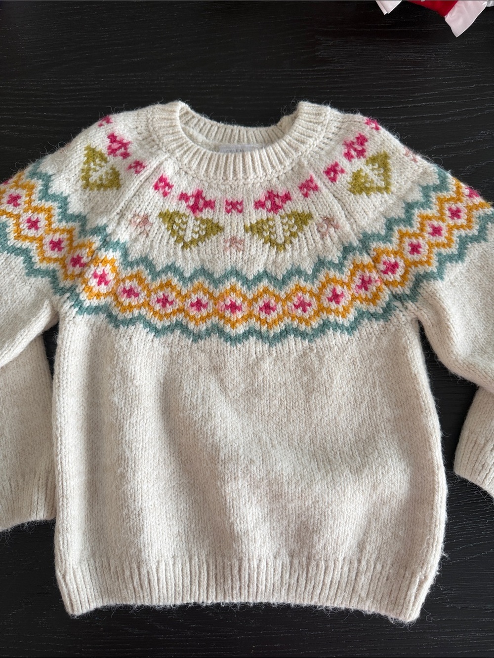 Zara Cream Crewneck Sweater with Pink, Teal & Mustard Fair Isle Yoke
